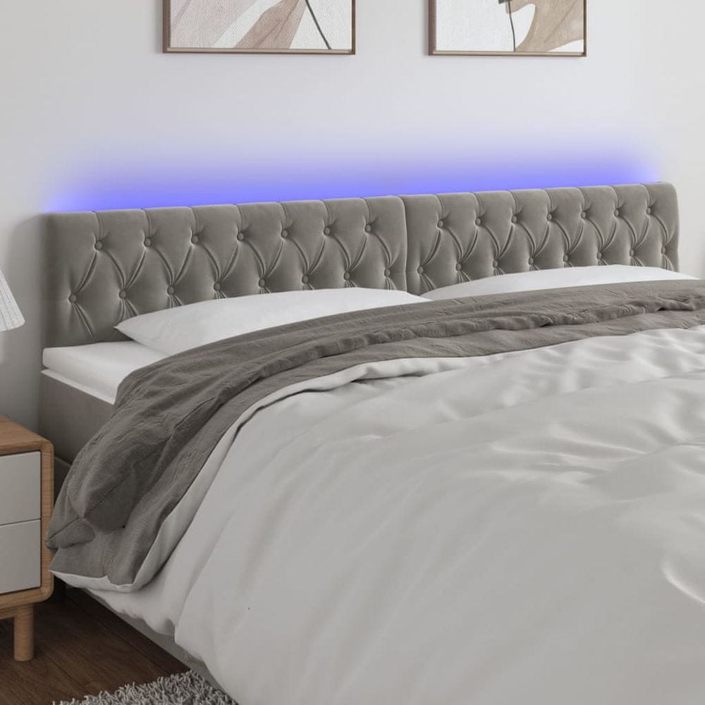 Vidaxl Čelo postele s LED bledosivé 200x7x78/88 cm zamat
